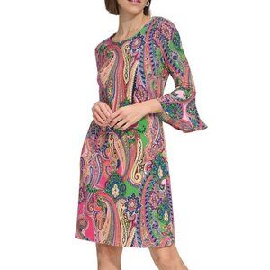 NEW Tommy Hilfiger Dress 4 Paisley Bell Sleeves 3/4 Stretch Hippie 70s Retro